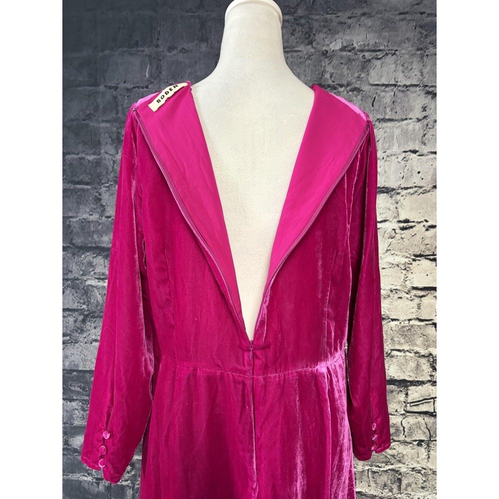 Boden Velvet Dress Womens Medium Pink Scoop Neck Long Sleeve Shift Midi Ruffle - Picture 7 of 16